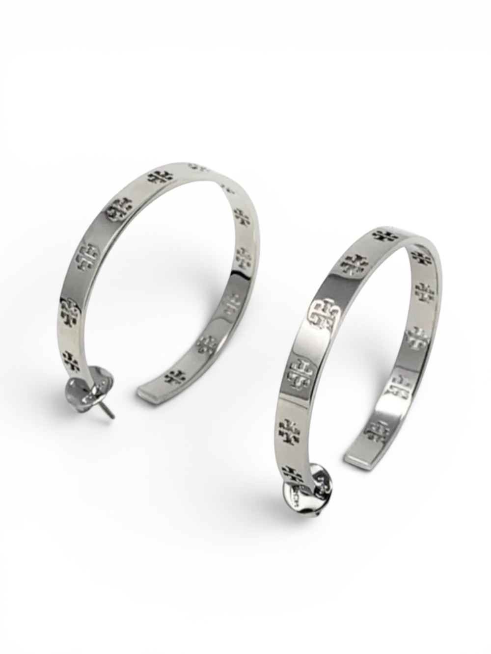 Tory Burch Silver Tone Large Logo Hoop Earrings